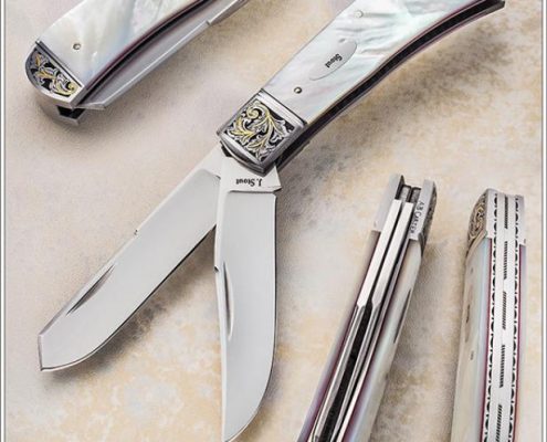SOLD - My popular Slipjoint double blade Trapper. Fitted with CTS-XHP blades and springs, milled integral liners and bolsters, fileworked liners and spacer. Hand engraved by Alice Carter, with 24k gold inlay. This one has been sold but will be on display here for a short while.