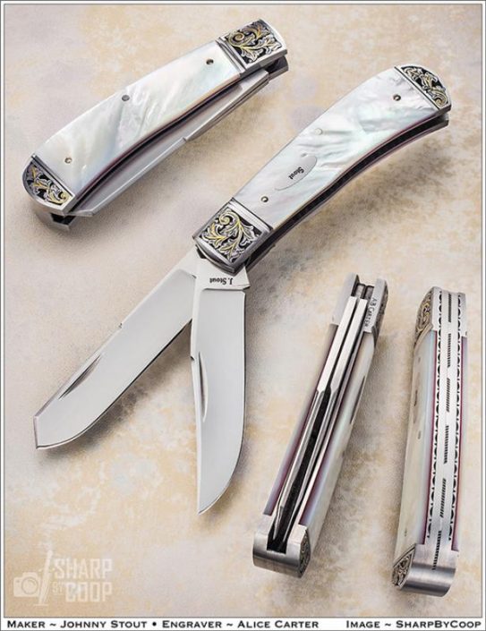 SOLD - My popular Slipjoint double blade Trapper. Fitted with CTS-XHP blades and springs, milled integral liners and bolsters, fileworked liners and spacer. Hand engraved by Alice Carter, with 24k gold inlay. This one has been sold but will be on display here for a short while.